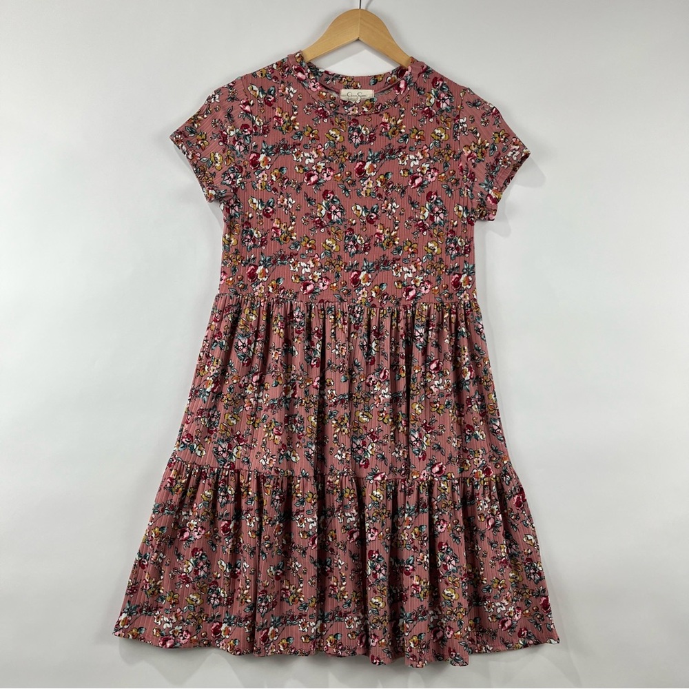 Jessica Simpson Floral Tiered Dress Size M Pink Short Sleeve Ribbed Knit
